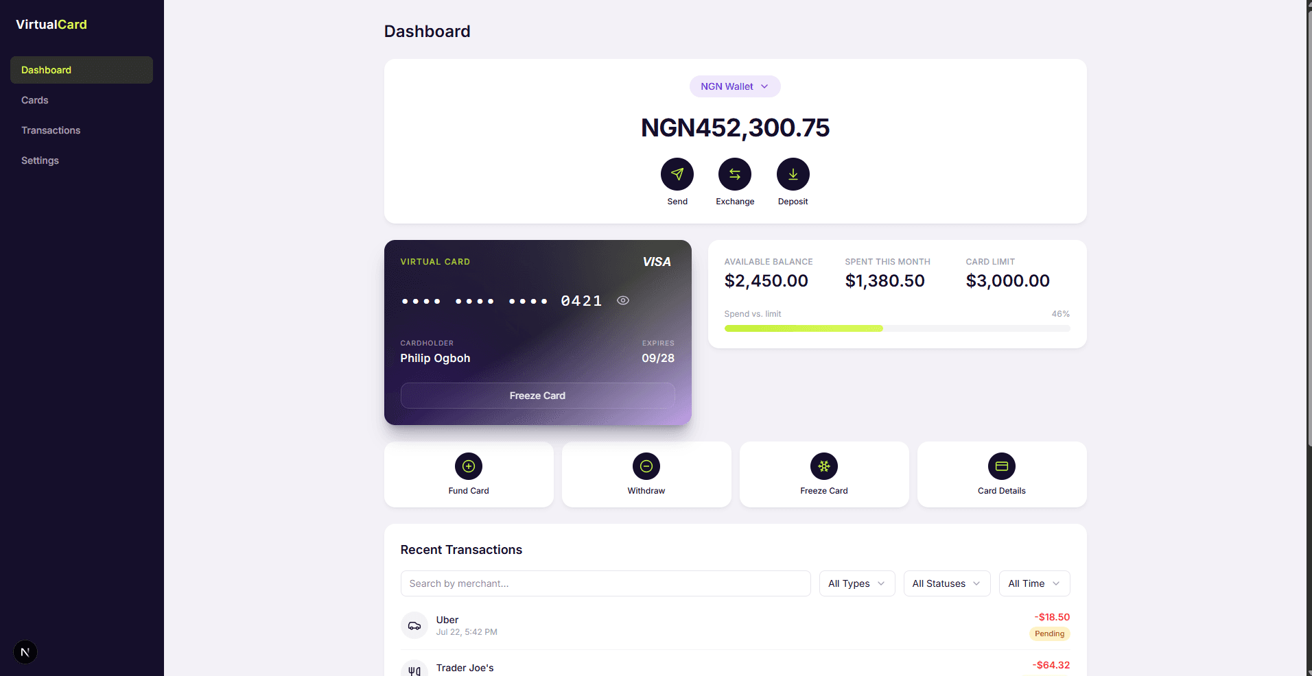 Virtual Card Dashboard